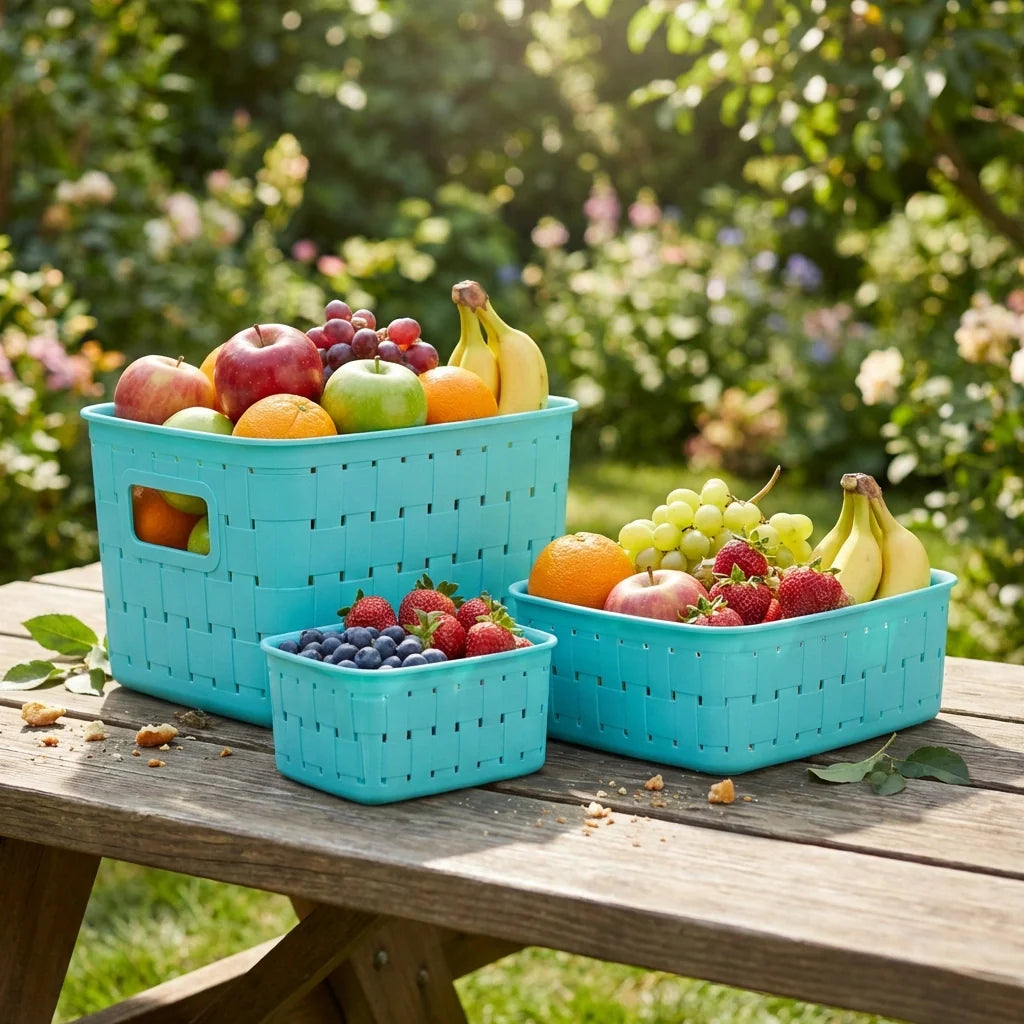 Stackable kitchen organization baskets in blue plastic with cutout handles, stackable set