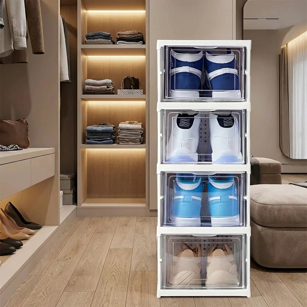 Modular storage cart with four clear drawers, open cube compartments for shoes and folded items