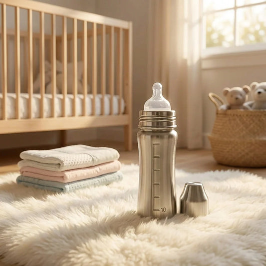 Stainless steel baby bottle with clear nipple and embossed measurement scale