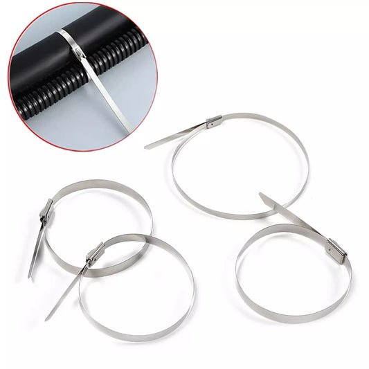 Stainless steel cable ties with locking heads, shown as loops