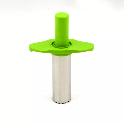 Stainless steel chili corer with green handle and circular cutting base