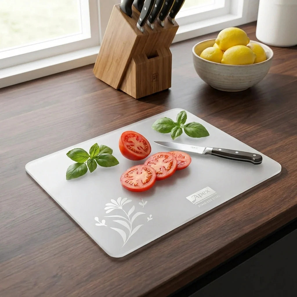 Stainless steel chopping board with leaf pattern and raised edge, light finish