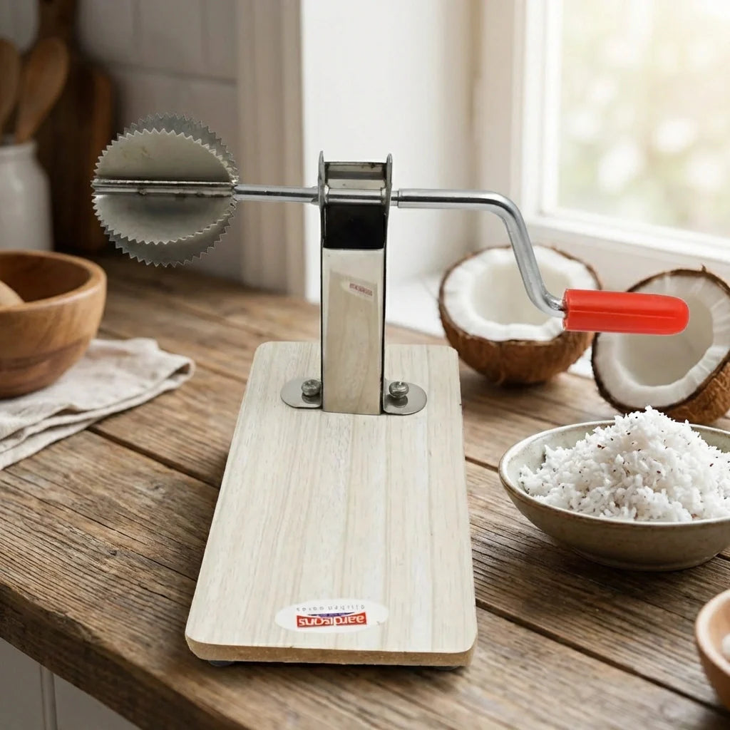Stainless steel coconut scraper with serrated wheel, wooden base, and red handle