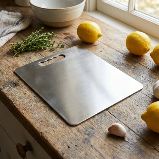 Stainless steel cutting board with rounded corners and hanging hole