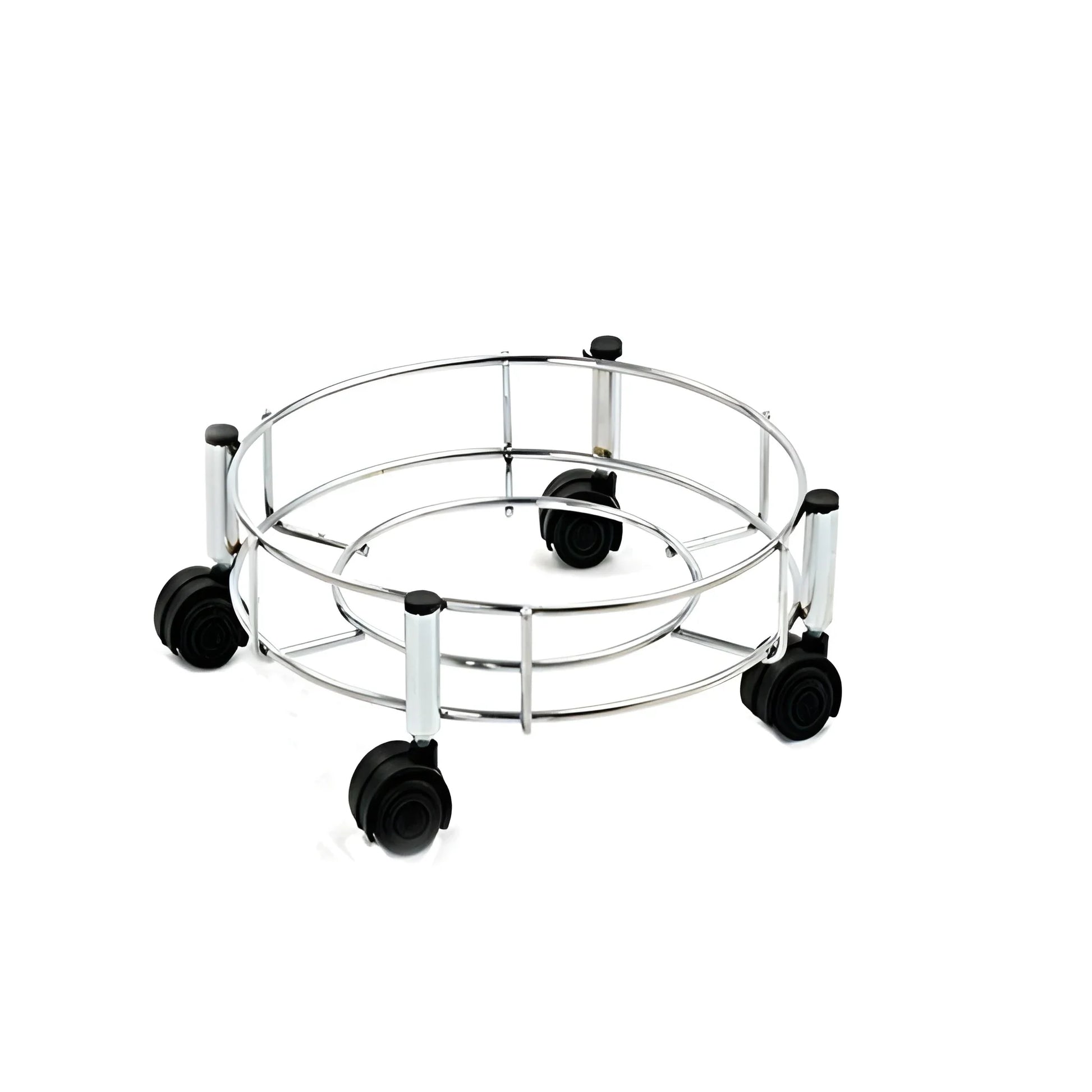 Stainless steel cylinder trolley with circular rack and four black caster wheels