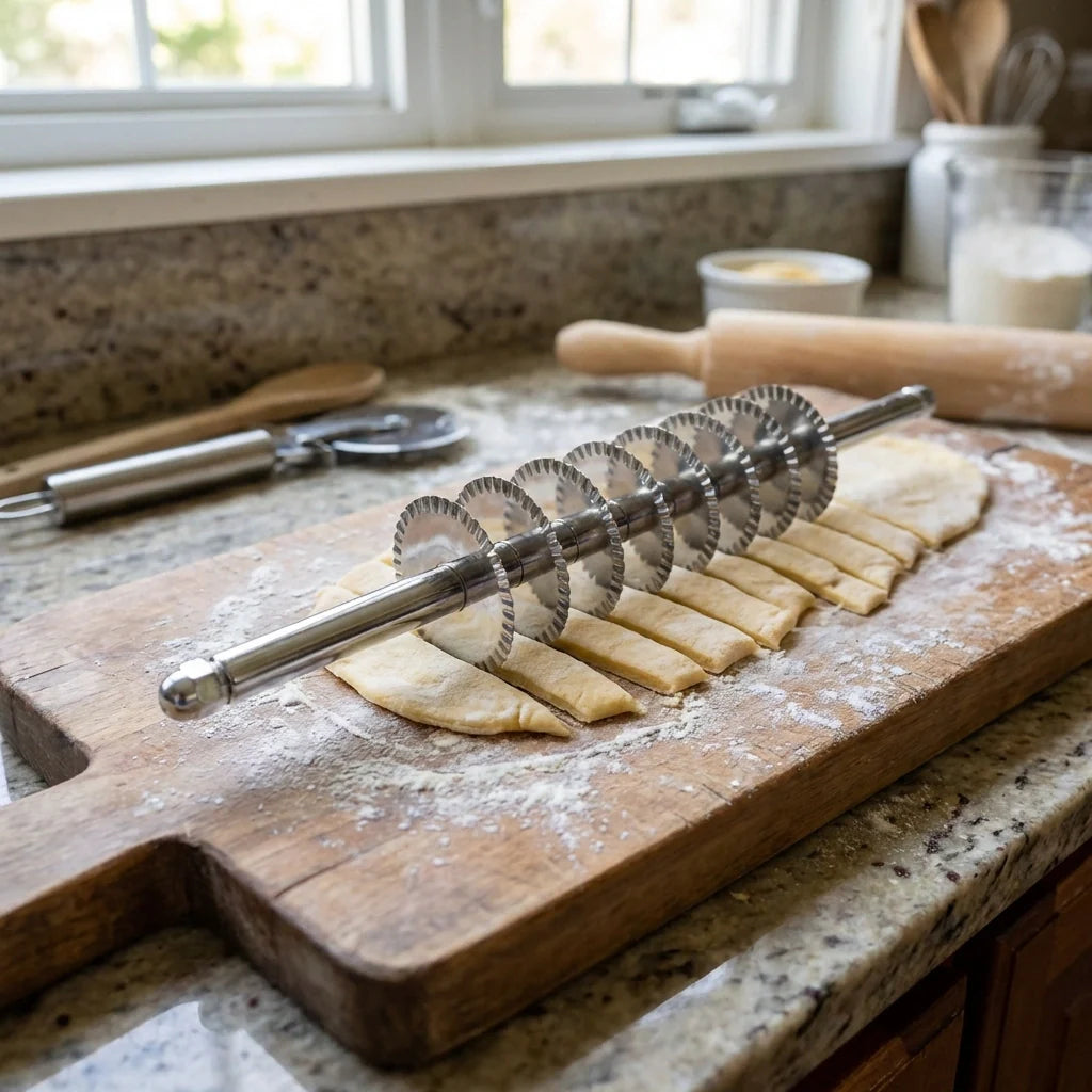 Stainless steel dough cutter with circular slicing wheels and wooden handle