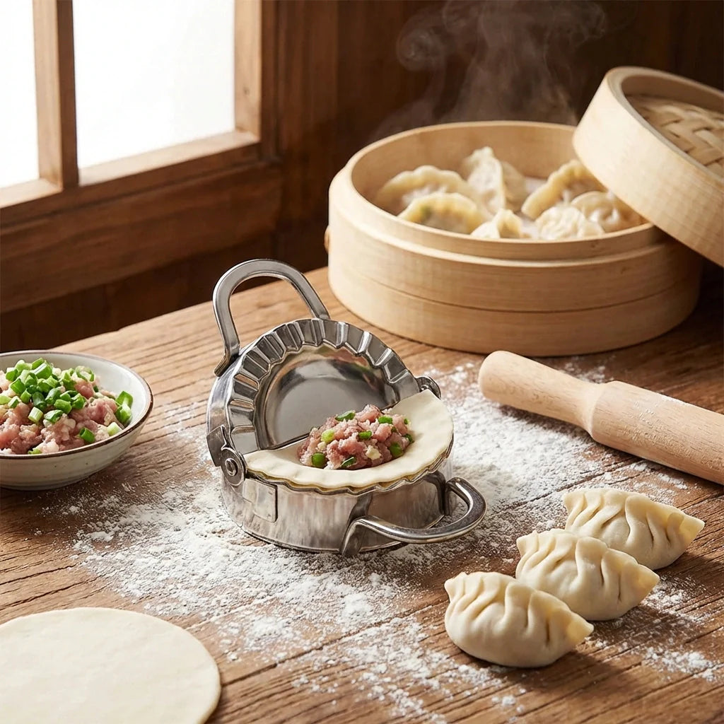 Stainless steel dumpling maker mold with wooden handles and filled dumpling on floured board