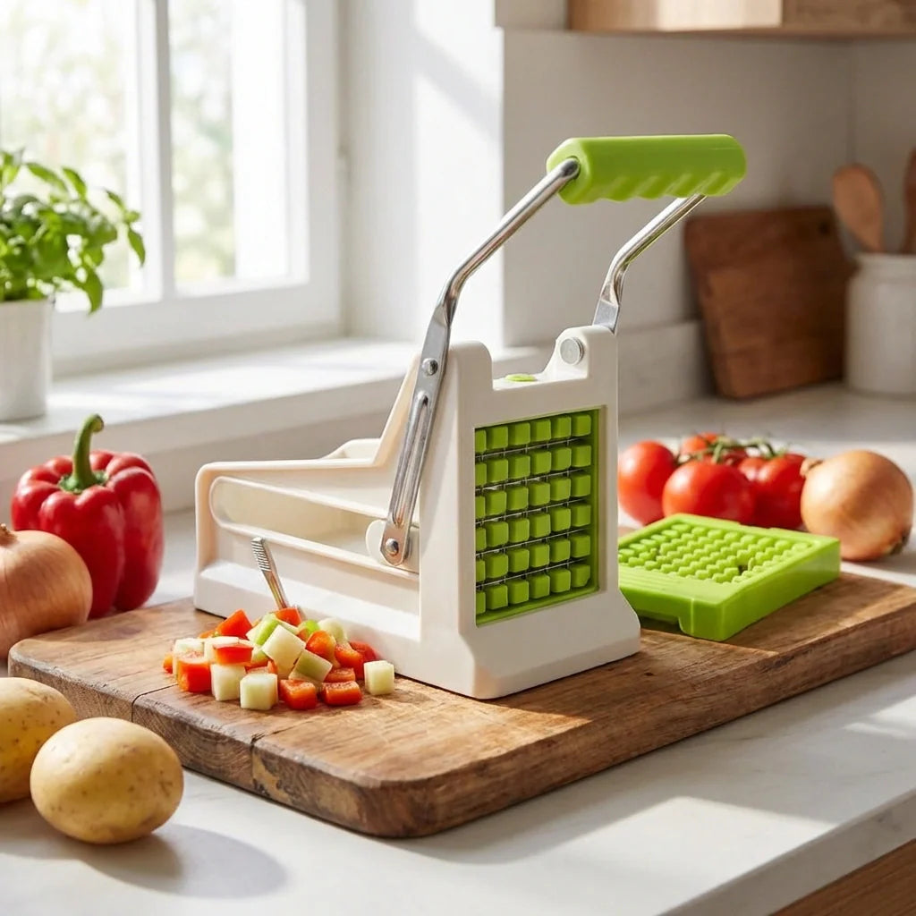 French fry cutter with stainless frame, green handle, and square cutting grid