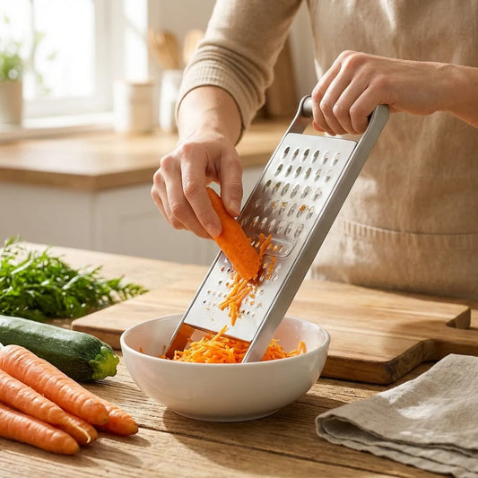 Stainless steel grater slicer, shredding carrots into a bowl