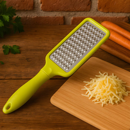 Kitchen grater with green handle and stainless steel perforated grating surface
