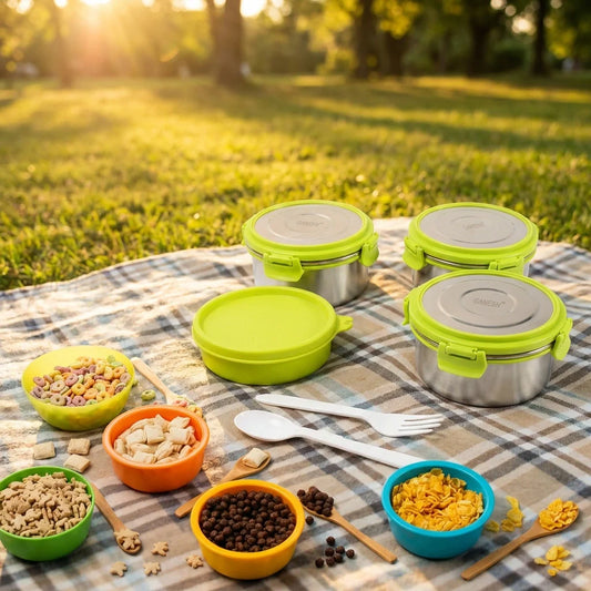 Stainless steel leakproof lunch box set with lime-green lids and snack containers
