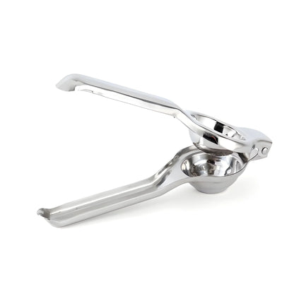 Stainless steel lemon juicer with lever handle and metal reamer cup