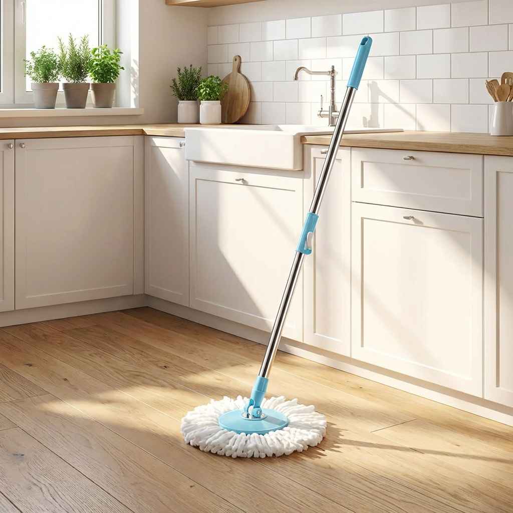 Stainless steel mop rod with blue handle and circular white mop pad on wood floor