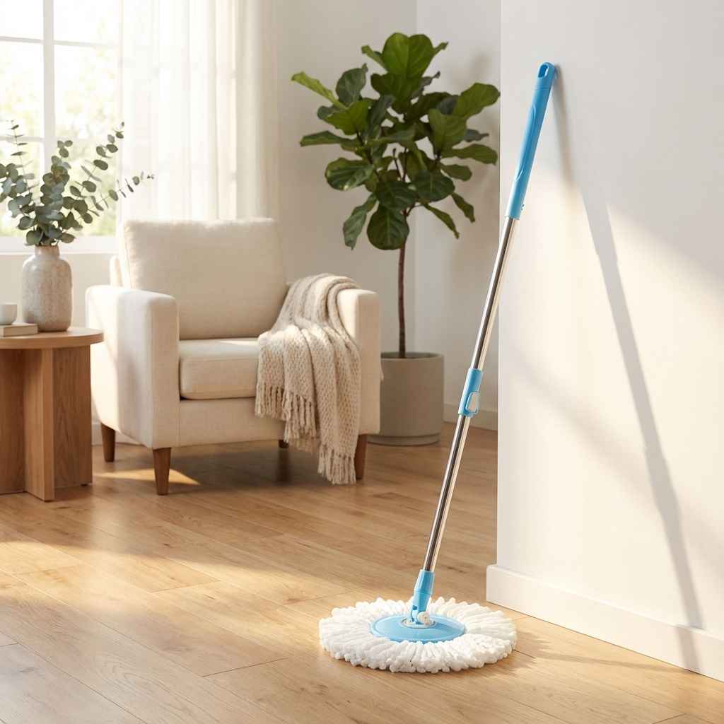 Telescoping stainless mop rod with blue connector and white round mop pad