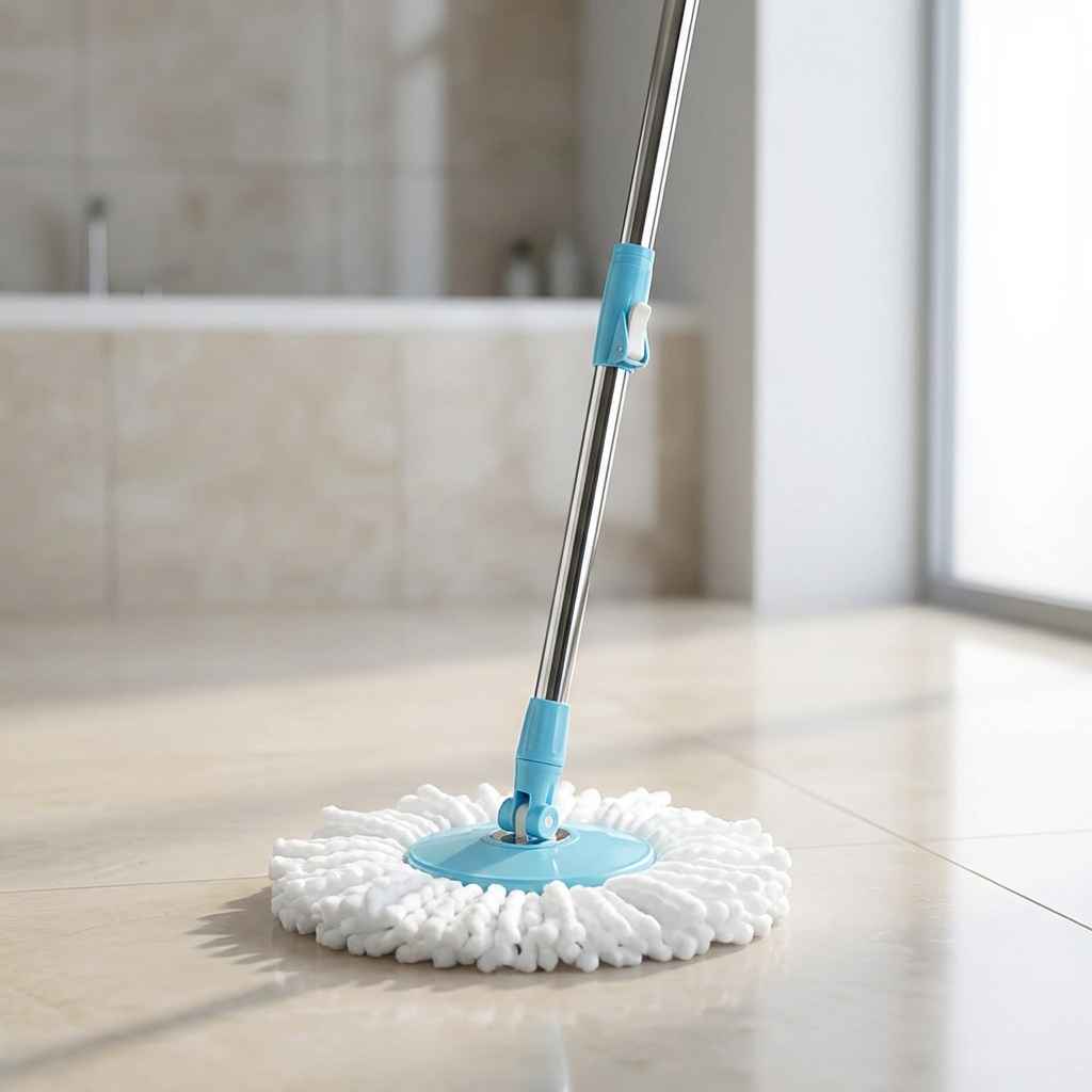 Stainless steel mop rod standing upright with white microfiber mop head