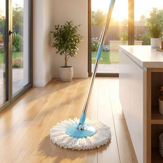 Stainless steel mop rod with round blue microfiber cleaning pad