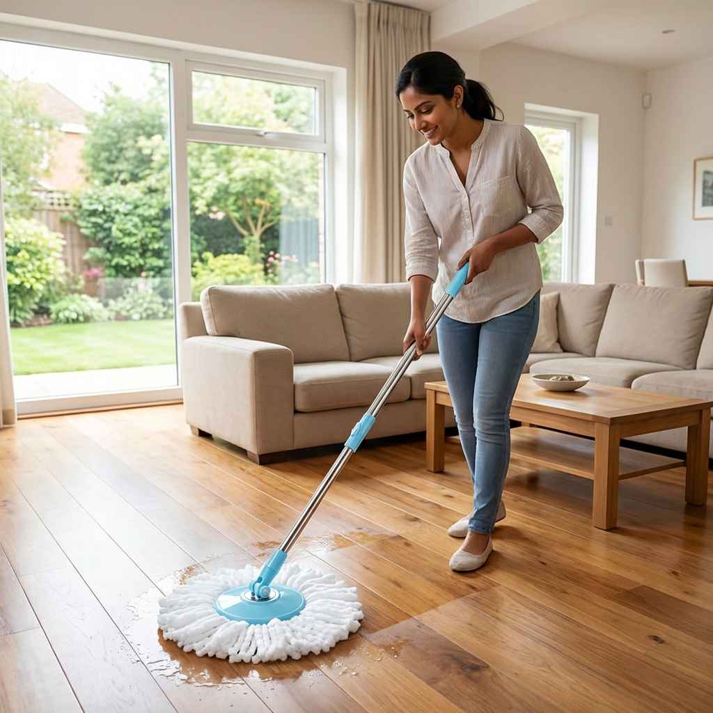 Mop rod with blue handle and spinning-style round microfiber pad on floor