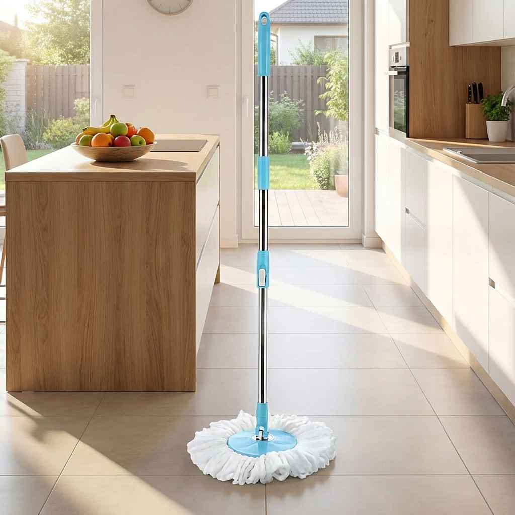 Stainless steel mop rod with blue handle and round mop pad near doorway
