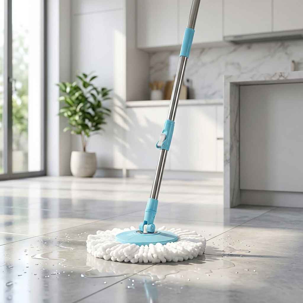 Close-up stainless mop rod with blue fittings and white round mop head