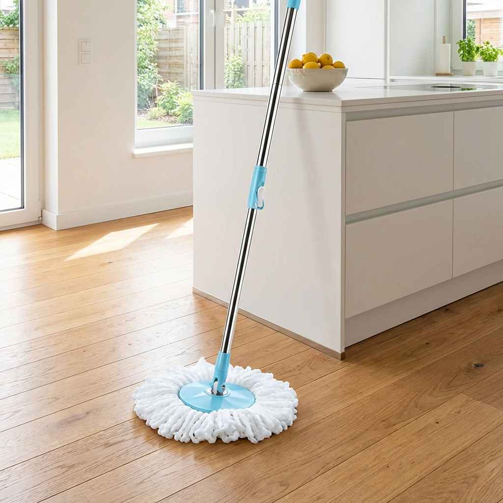 Stainless steel mop rod with blue handle and round white mop head on hardwood