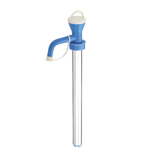 Stainless steel oil pump with blue nozzle and white intake hose, upright metal body