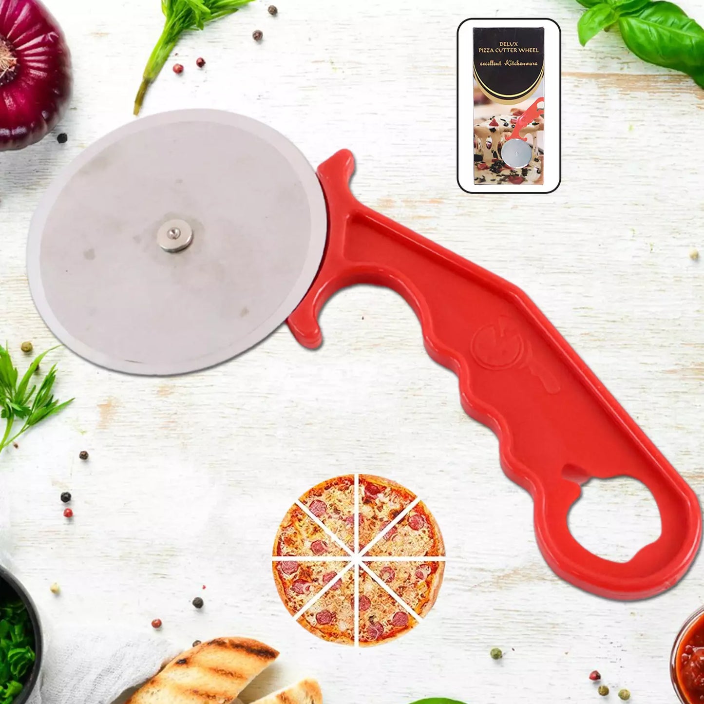 Red-handled stainless steel pizza cutter with round cutting wheel