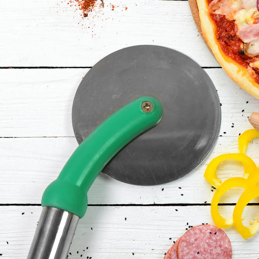 Green-handled steel pizza slicer with round circular blade