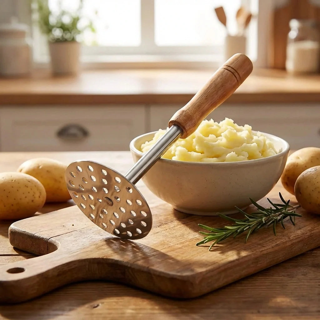 Potato masher with wooden handle and perforated stainless-steel head