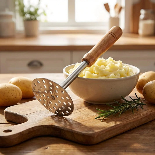 Potato masher with wooden handle and perforated stainless-steel head