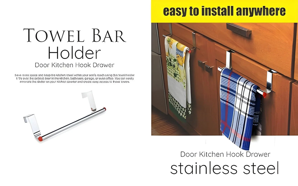 Stainless steel towel bar holder with hinged mount for door kitchen drawers