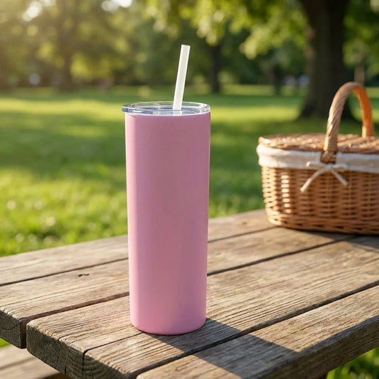 Pink stainless steel travel mug with clear lid and drinking straw