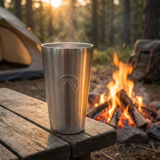 Stainless steel vacuum mug, cylindrical with open top and brushed metal finish