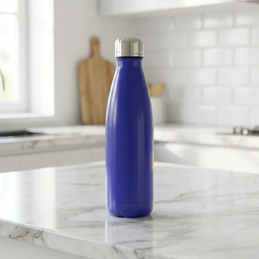 Blue stainless steel water bottle with screw cap