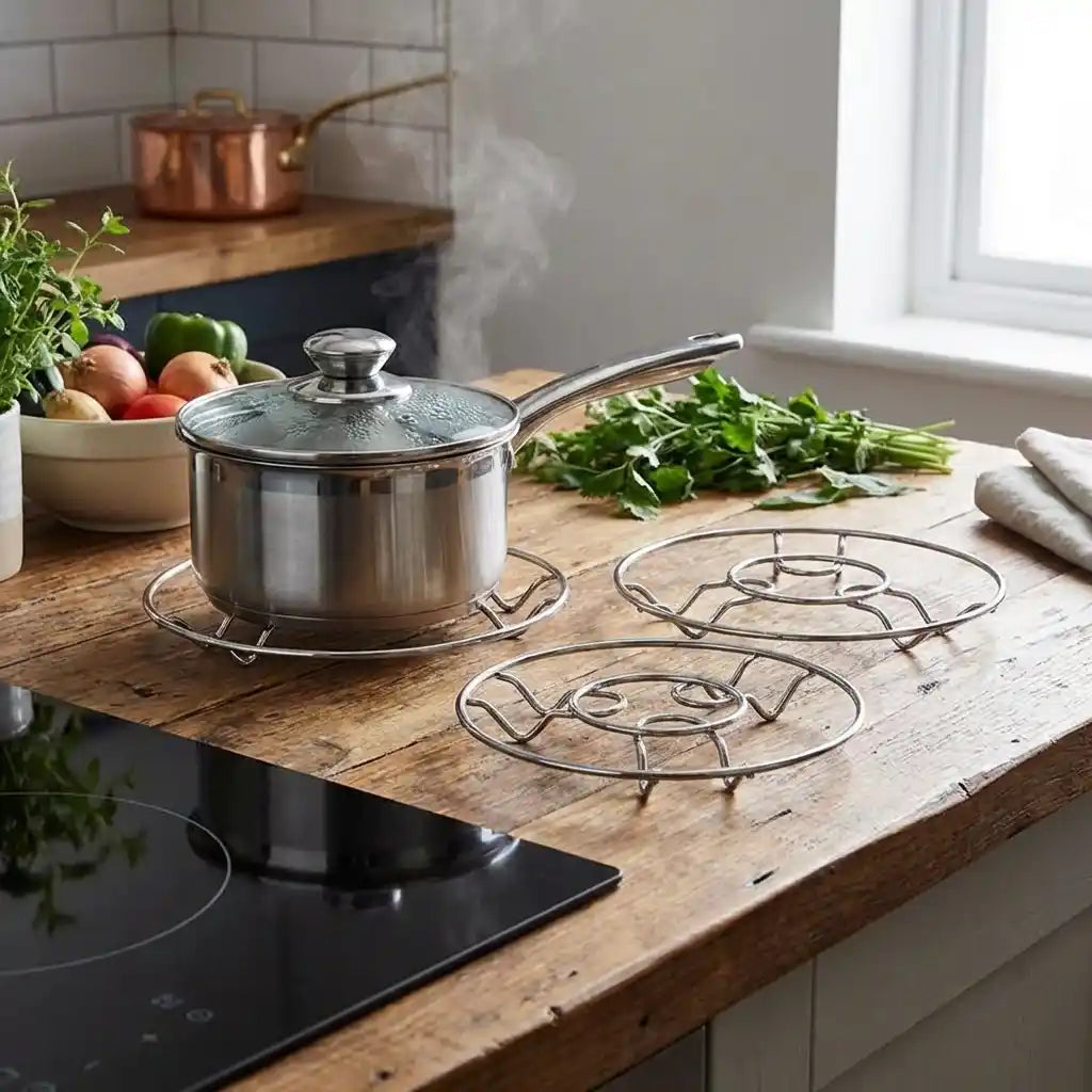 Stainless steel wire hot pot stand set of 3 with two visible circular supports