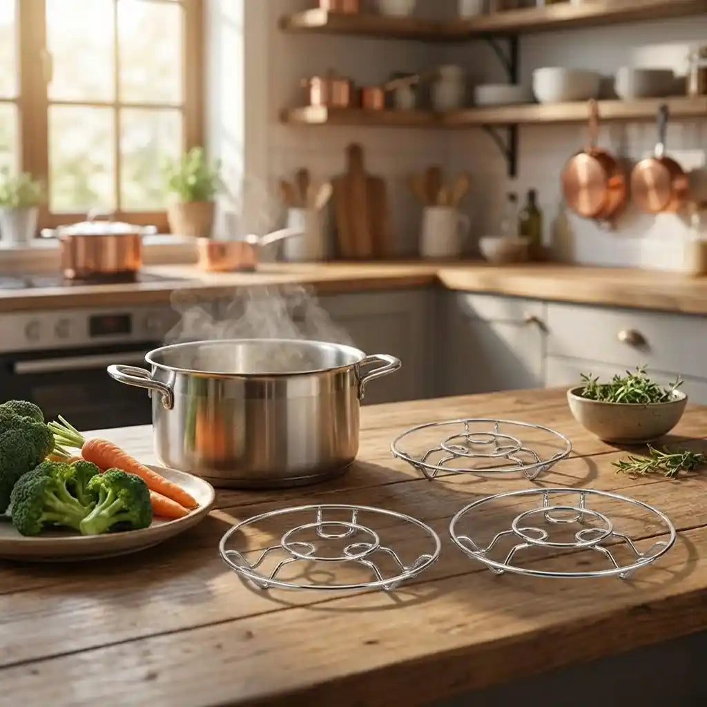 Stainless steel wire hot pot stand set of 3 with three round trivets