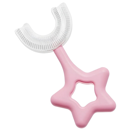 U-shaped kids toothbrush with white bristles and pink star handle