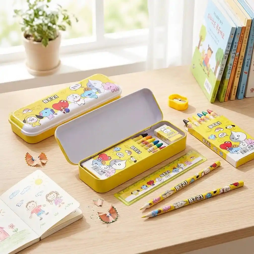 Kids yellow BT21 pencil case kit with pencils, eraser, pencil holder, and boxed stationery
