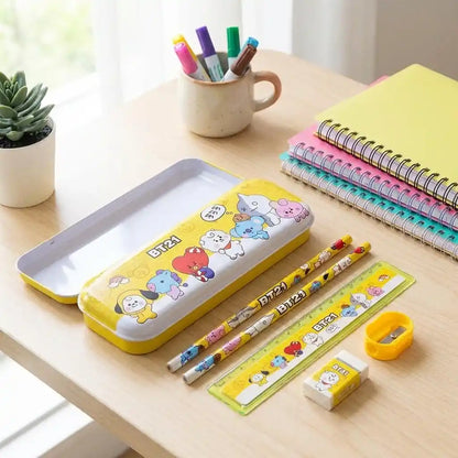 Yellow kids BT21 pencil case with colored pencils, eraser, and spiral notebook