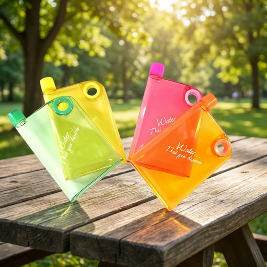 Notebook-style hydration bottles with loop caps, bright pink, orange, yellow, and green covers