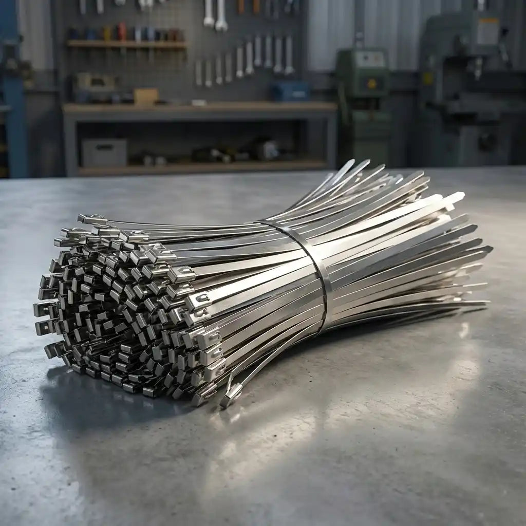 Bundle of steel cable ties with silver bands and black inner loops