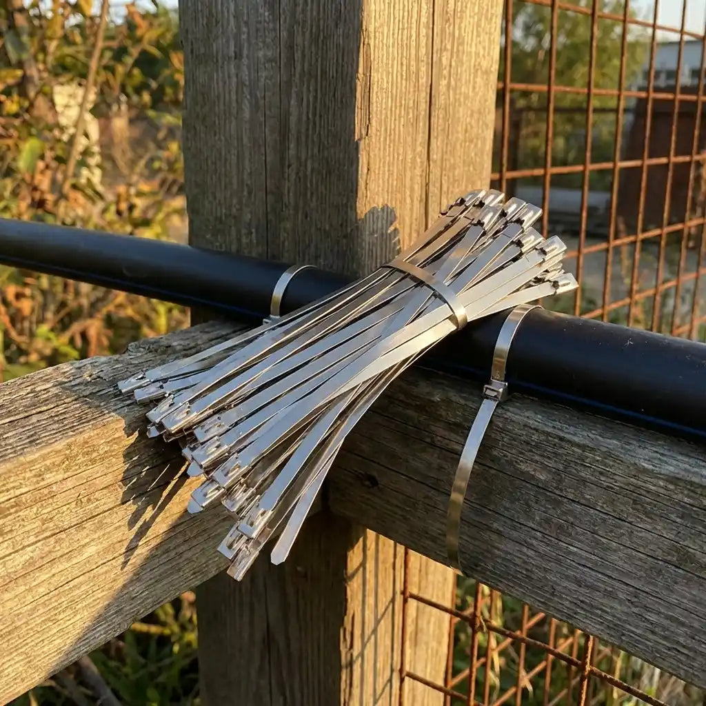 Steel cable ties bundled with metal strapping and clasps, ready to secure cables