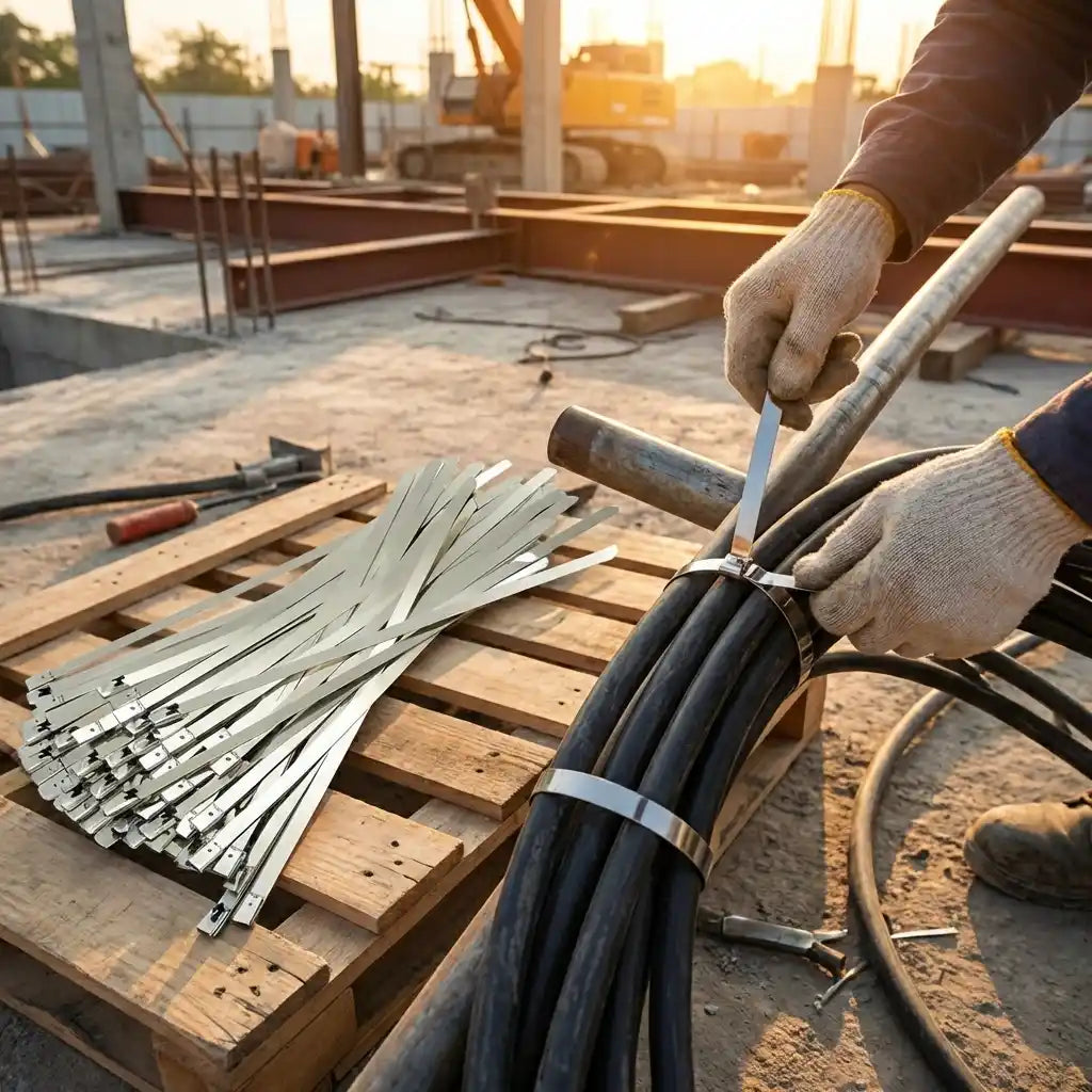 Worker holding steel cable ties over bundled metal straps with locking heads
