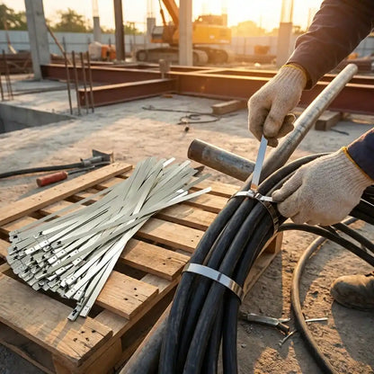 Worker holding steel cable ties over bundled metal straps with locking heads