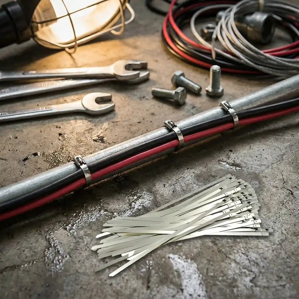 Metal cable ties near a wrench, with silver straps and locking heads