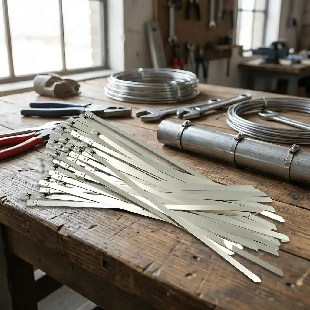 Metal cable ties laid on a workbench, silver bands with locking ends