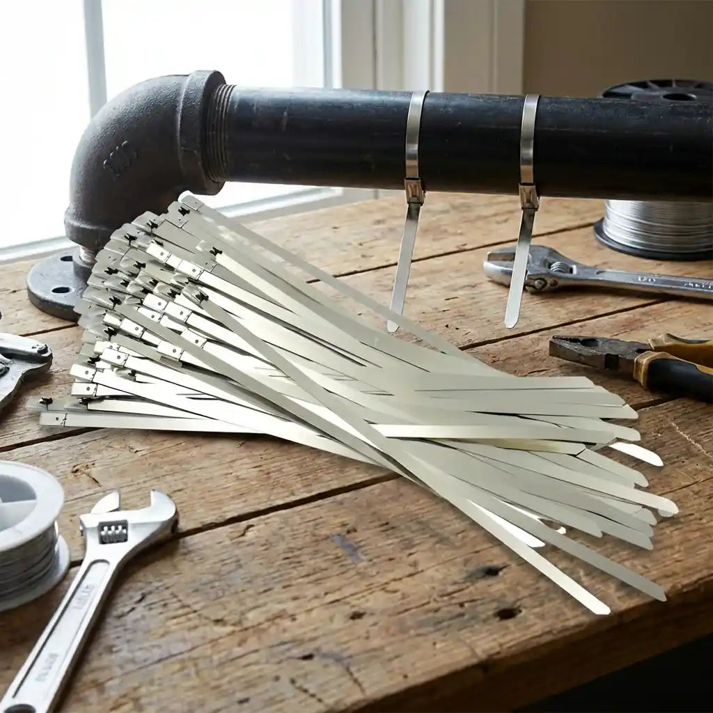 Steel cable ties bundled on a work surface with looped locking heads