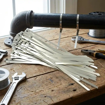 Steel cable ties bundled on a work surface with looped locking heads