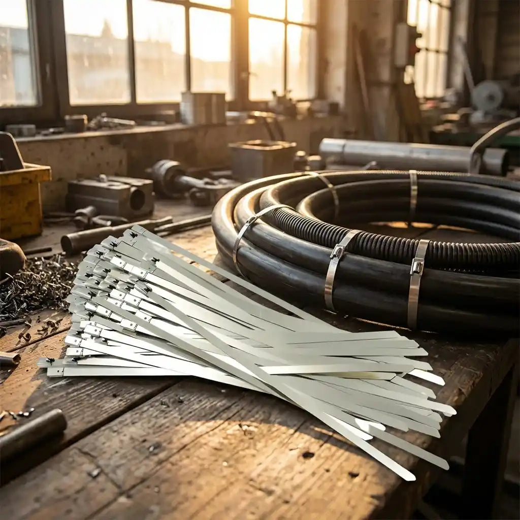Steel cable tie set in bulk, bundled metal straps with locking ends