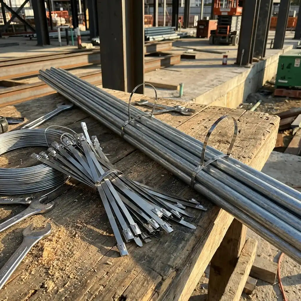 Bulk steel cable ties on wooden pallets, silver bands bundled for transport
