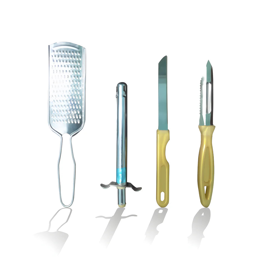 Stainless kitchen tool set: box grater, slicer, and two small knives with yellow handles